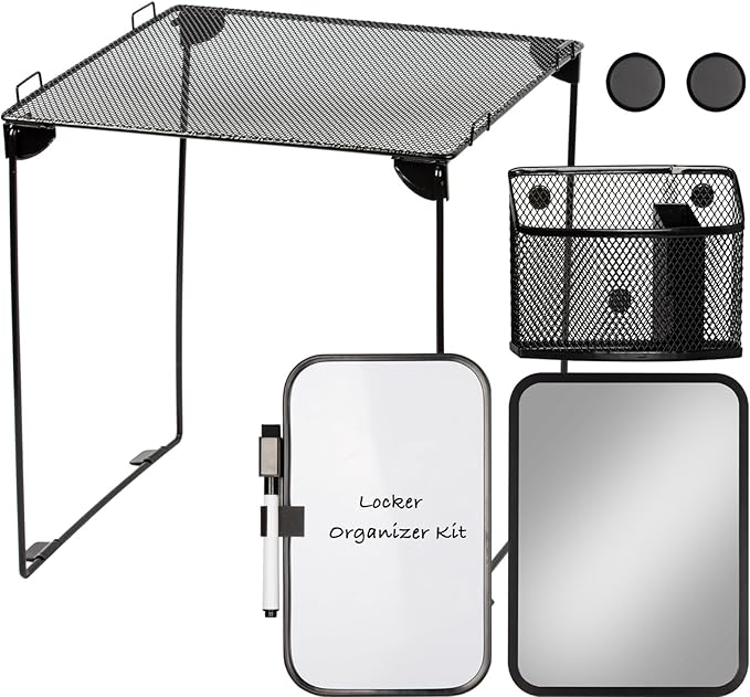 Black Locker Organizer Kit with Shelf, Shelf, Mirror, Pen Holder, Whiteboard, Back to School Essentials, 7-Piece Decoration Kit
