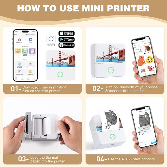 cudinham Print Pods Mini Printer, Thermal Inkless Sticker Maker with 3 Rolls Paper, Pocket Printpod for Phone, Impresora Portátil for Notes, Flashcards, Journal, DIY (Golden Gate Bridge)