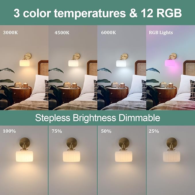 Vintage Battery Operated Wall Sconce with White Striped Glass Lampshade 5000 mAh Rechargeable Battery Powered Wall Light with Remote Control for Bedside Bedroom Doorway