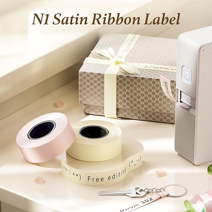 NIIMBOT N1 Satin Ribbon Set, Only for N1 Label Maker, for Gift, Wedding, Party, Craft Wrapping, DIY, Beige Satin Ribbon(14mm x 5.1m) with Black Ribbon(14mm x 6.2m)