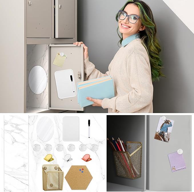 Harloon 15 Pcs Locker Decoration and Organizer Kit Locker Wallpaper Magnetic Pen Holder and Mirror Whiteboard Marker Cork Board with 3 Push Pins 3 Magnetic Clip 6 Magnets(White Marble Texture)