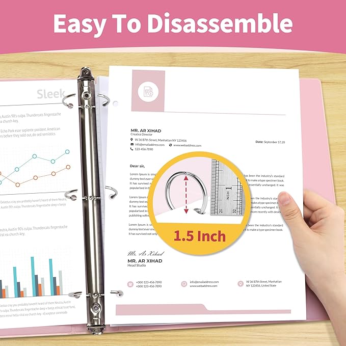 SUNEE 3 Ring Binder 1.5 Inch 1 Pack, Clear View Binder Three Ring PVC-Free (Fit 8.5x11 Inches) for School or Office Supplies, Pink