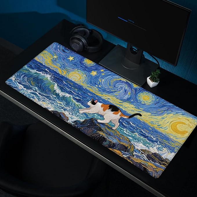 Cute Calico Cat Surfing Mouse Pad, Starry Night Style Mousepad - Large Non-Slip Desk Mat for Office, PC, Laptop - 35.5"x15.7" x 3mm