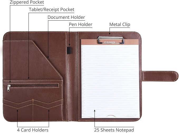 IVESIGN Leather Portfolio Notebook with Folder, Storage Clipboard with Cover for Legal Pad Holder Letter Size A4 Writing Pad for Business School Office Resume Conference Notepad Clip Boards (Brown)
