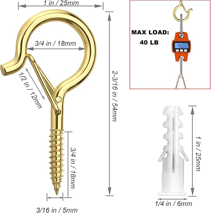 PlusRoc 20 Pack Q-Hanger String Light Hooks - Gold Cup Hooks for Hanging Lights, Plants; Screw in Ceiling & Wall Mount