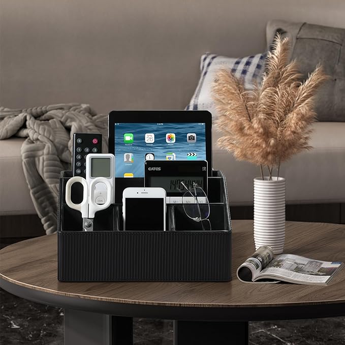 Remote Control Holder with 5 Compartments for Office Art Supplies, PU Leather Nightstand Organizer Pencil Pen Desk Caddy for Home, Desktop TV Remote Control Organizer Storage (Striped Black)