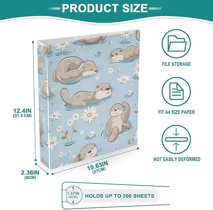 Otter Daisy Flower Blue Decorative 3 Ring Binder 1.5 Inch Large View Binders with Pockets File Organizer for Office College School, 1 Pack