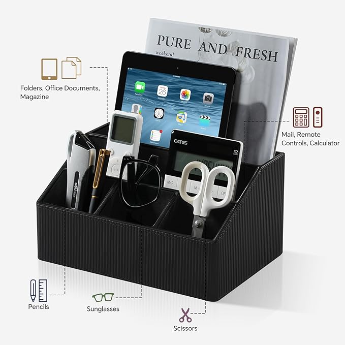 Remote Control Holder with 5 Compartments for Office Art Supplies, PU Leather Nightstand Organizer Pencil Pen Desk Caddy for Home, Desktop TV Remote Control Organizer Storage (Striped Black)