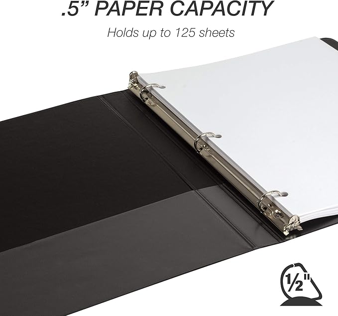 Samsill Durable 0.5 Inch Binder, Made in The USA, D Ring Binder, Customizable Clear View Cover, Charcoal Black, Holds 125 Pages