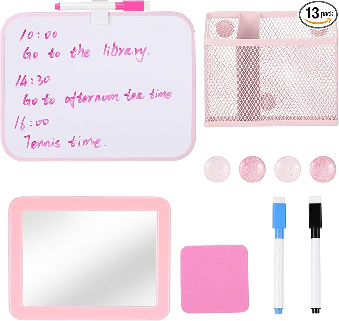 abcGoodefg Pink Magnetic Locker Accessories for Girls, Locker Organizer and Decoration with Locker Mirror, Whiteboard and Pen Holder Markers Magnet and Eraser for School Locker Back to School Stuff