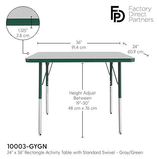 FDP Rectangle Activity School and Office Table (24 x 36 inch), Standard Legs with Swivel Glides, Adjustable Height 19-30 inches - Gray Top and Green Edge
