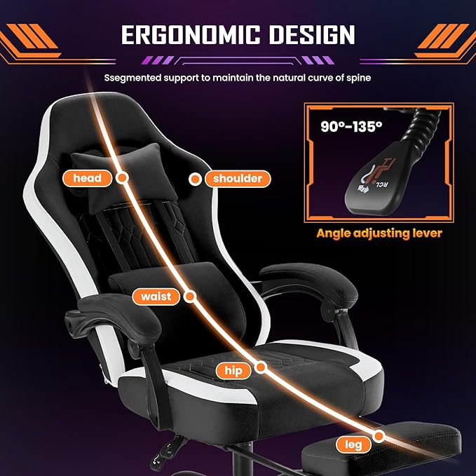 Sweetcrispy Computer Gaming Chair - High Back Ergonomic Desk Chair with Footrest and Lumbar Support, Height Adjustable Task Chair with Linkage Armrests and Headrest, 360° Swivel Wheels, Black