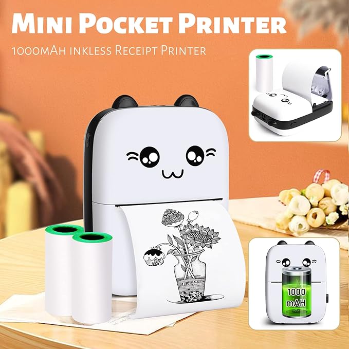 Mini Pocket Printer, Gifts for kids, Portable Thermal Printer for Pictures/Retro Photos/Receipts/Notes/Lists/Label/ Memo/QR Codes, Bluetooth Wireless Smart Printer with Android or iOS APP (Black)