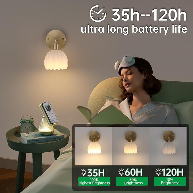 Vintage Battery Operated Wall Sconce with White Tulip Glass Lampshade 5000 mAh Rechargeable Battery Powered Wall Light with Remote Control for Bedside Bedroom Doorway, Set of 2