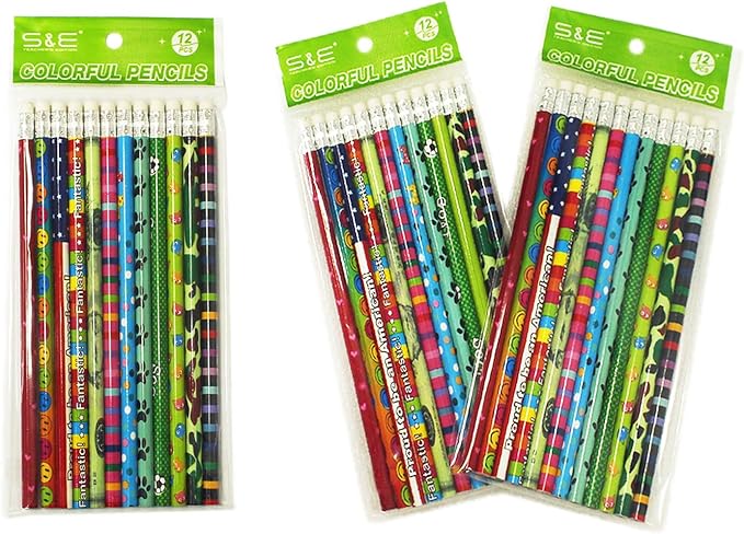 S & E TEACHER'S EDITION 36pcs Assorted Colorful Pencils, Wooden Pencil with Eraser, Pencil Assortment, Novelty Kids Pencils,Awards & Incentives, No. 2 HB, Back to school, 12 Designs.