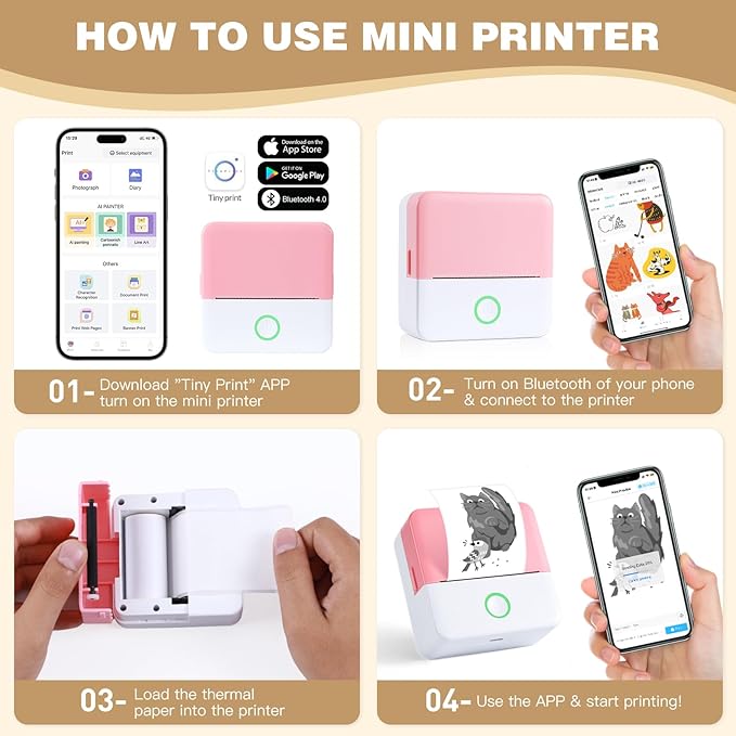 Print Pods Mini Printer, Thermal Inkless Sticker Maker with 10 Rolls Printing Paper, Pocket Printpod for phone, Impresora Portátil for Notes, Flashcards, Journal, DIY, Compatible with iOS & Android