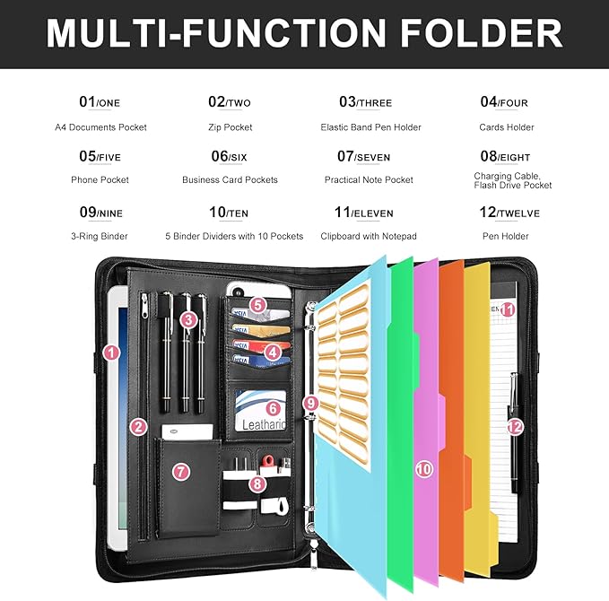 Leathario 3-Ring Portfolio Binder, Includes 5 Folder Index Dividers, 13 Inch Tablets Organizer with Handle, Vegan Leather A4 Padfolio, Multi-Pocket Notepad Business Planner Professional Document