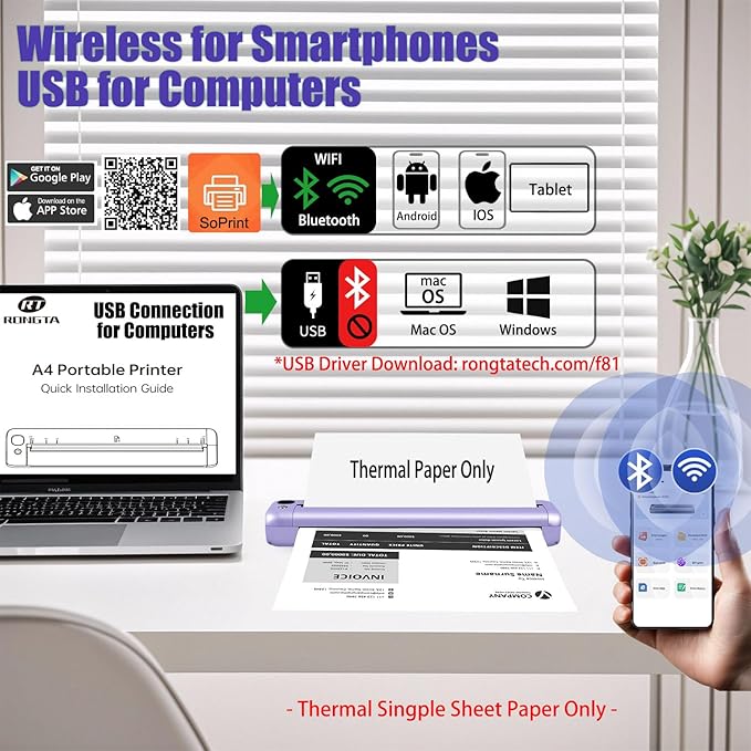 Rongta Portable Printer Wireless for Travel, Bluetooth WiFi Inkless Thermal Printers for 8.5" x 11" US Letter & A4 Size, Compatible with Android iOS Phone Mac Windows Laptop for Office & Home (Purple)