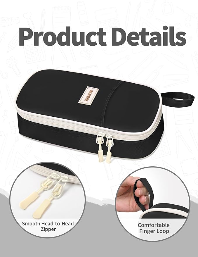 SUNEE Cute Pencil Case, Aesthetic Pen Pouch, Colored Large Pencil Bag with Zipper, Kawaii Stationery Storage and Organizer, Black School Supplies for Teen and Adult Girls