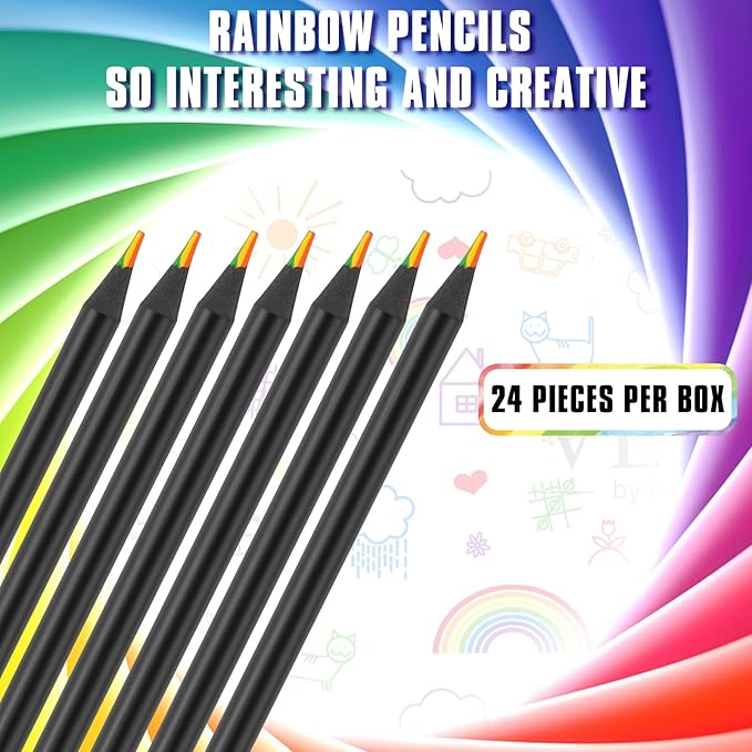 TINNIVI Art Supplies for Kids, 7 Color Black Wooden Rainbow Colored Pencils, Pre-sharpened, Multicolored Core, with Sharpener, for Coloring Books, Drawing, Sketching, 24pcs