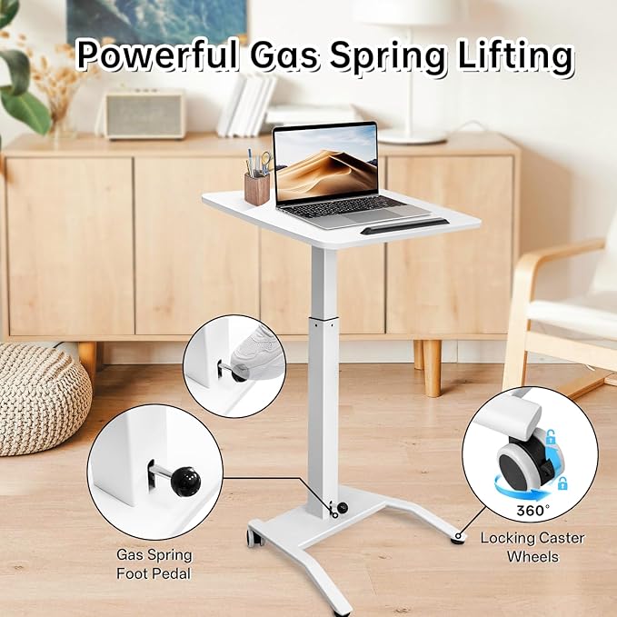 Mobile Standing Desk with 45° Tilting Desktop, Portable Rolling Standing, Height Adjustable Sit Stand Foldable with Wheels, Mobile Desk Workstation for Home Office (White, Small)