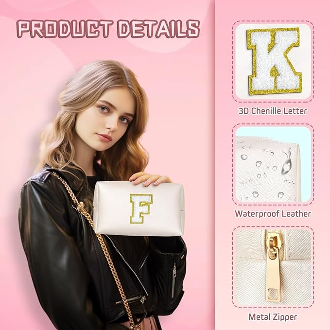 TOPEAST Personalized Birthday Gifts for Women, Preppy Patch Makeup Bag, Chenille Letter Pouch Cosmetic Bag, Travel Organizer, Gifts for Friends, Cute Stuff for Women (White L)