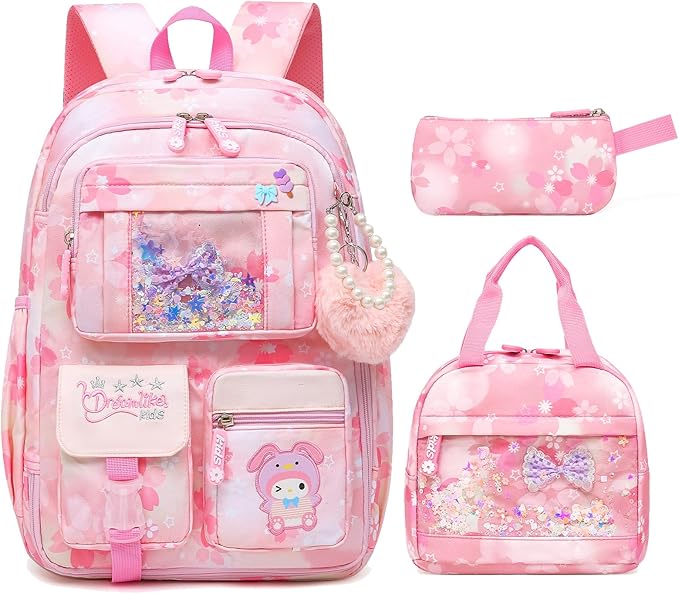 Lovely Girls Backpack School Bag for Students Kids Book Bag with Multiple Pockets Splash-proof Children's Backpack(17inch Set Pink)