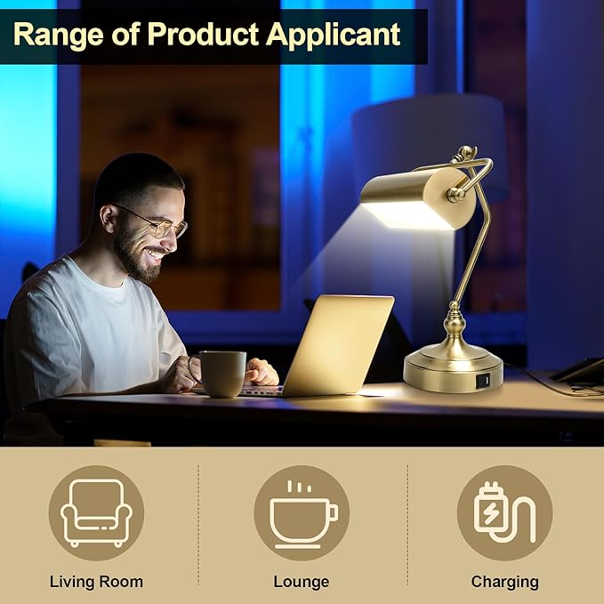 CONCA Classic Antique Touch Adjustable Desk Lamp, Banker Lamp, Piano Lamp, Eye Protection Table Lamp with Output Charging Port (LED Bulb Included in Package) (Bronze)