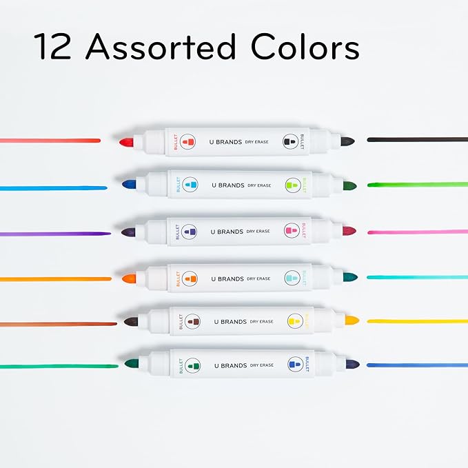 U Brands Fine Tip Dry Erase Markers with Eraser, Magnetic Double-Ended Whiteboard Markers, Low Odor, Assorted Bright Colors, Set of 12