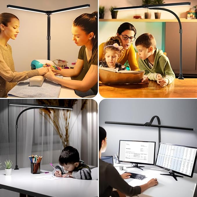 Double Head LED Desk Lamp with Timer, Remote Control 24W Brightest Computer Desk Light Office Lamp for Workbench Drafting Architect Study Reading Gaming with Anti-Glare Cover