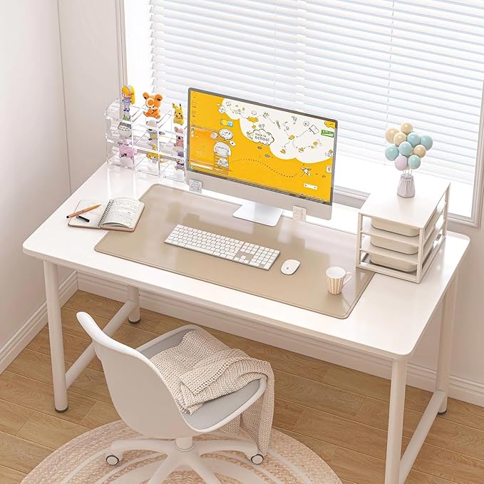 DAWNTREES Desk Mat Protector,PU Leather Laptop Pad,Non Slip, 23.6" x 13.8" Large Mouse Pad and Keyboard Mat, Waterproof Writing Pad for Office and Home (Beige)