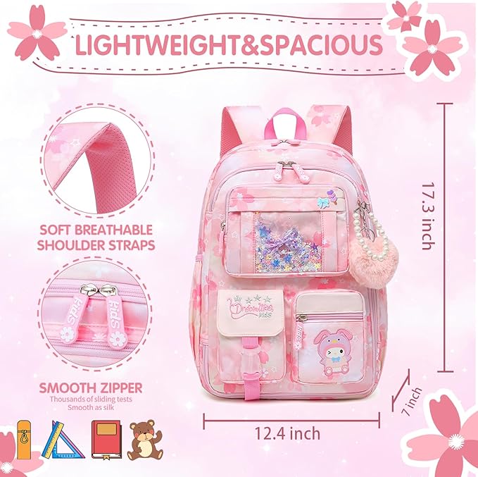 Lovely Girls Backpack School Bag for Students Kids Book Bag with Multiple Pockets Splash-proof Children's Backpack(17inch Pink)
