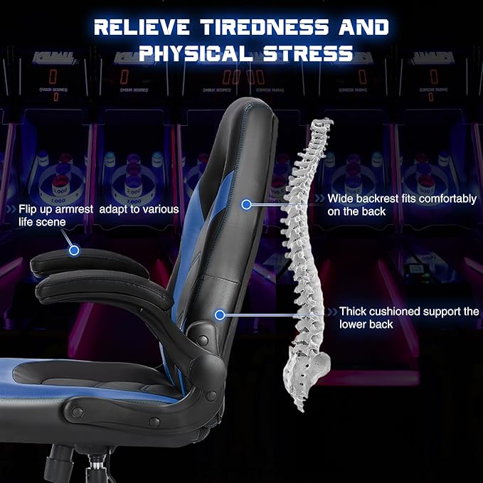 DUMOS Gaming Ergonomic Office Chair for Adults, Height Adjustable Computer Desk Chair with Flip-up Armrests, PU Leather Swivel Video Game Chair with 360° Rolling Wheels, Blue