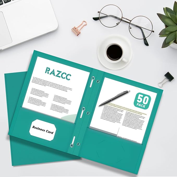 Two Pocket Folders, RAZCC 50 Pack Two Pocket Folders with Prongs, 3 Prong Folders Fit Letter Size Paper, Pocket File Folders for School Office Home Business, Turquoise