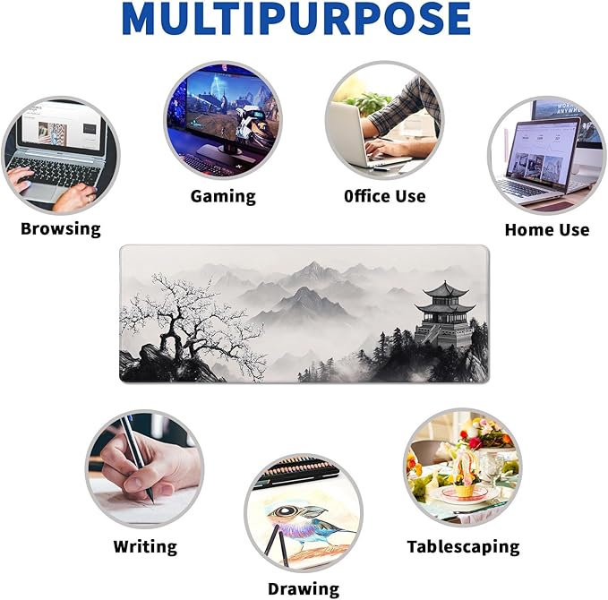 Pagoda Mouse Pad Abstract Cherry Blossom Watercolor Mouse Pad 31.5x11.8 Inch Texture Non-Slip Rubber Base Large Mousepad Stitched Edges Keyboard Mouse Mat Desk Pad for Office