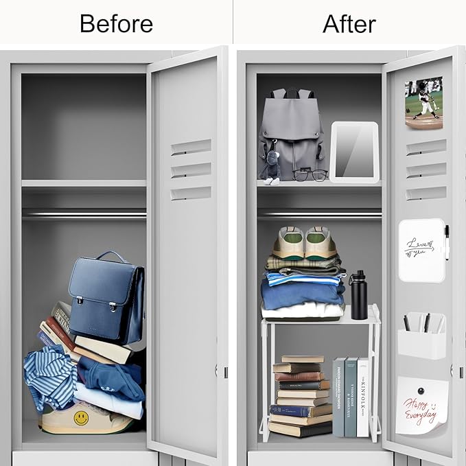 Locker Organizer Accessories Decorating Kit, Metal Mesh Locker Shelf, Magnetic Pen Holder,Mirror,Whiteboard, Markers, Magnets,Suitable for School,Work,Office,Gym (1pack-White)