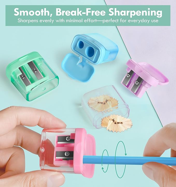 24 Pack Pencil Sharpeners Bulk - Dual Hole Manual Pencil Sharpener with Lid for Kids, Small Handheld Cute Sharpeners for Students, Classroom School Supplies Essentials