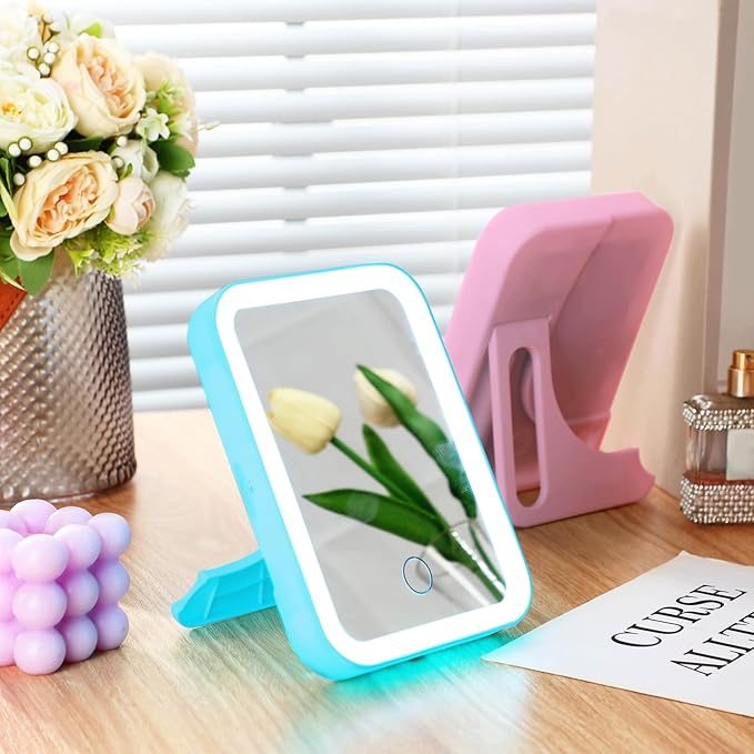 Sintuff 2 Pcs Light Up Locker Mirror Accessories Rectangular Magnetic Mirror for Locker, Bathroom, Household Refrigerator, Workshop Toolbox or Cabinet(Pink, Blue)