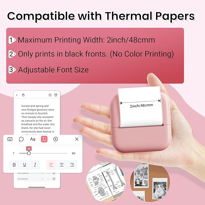 Inkless Sticker Printer, Print Pods Mini Printer Compatible with Phone & Tablet, Mini Sticker Printer with Stickers, M02L Portable Thermal Printer for Study Notes, Print Pictures & Photos, Journals