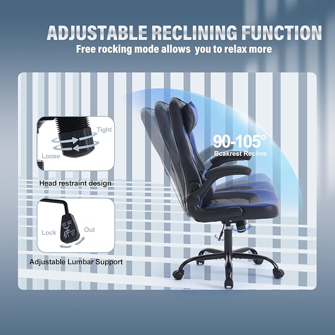 DUMOS Ergonomic Gaming Office Desk Chair with Flip-up Armrests for Adults, Height Adjustable PU Leather Video Game Computer Chair with 360° Rolling Wheels for Home and Office, Royal Blue