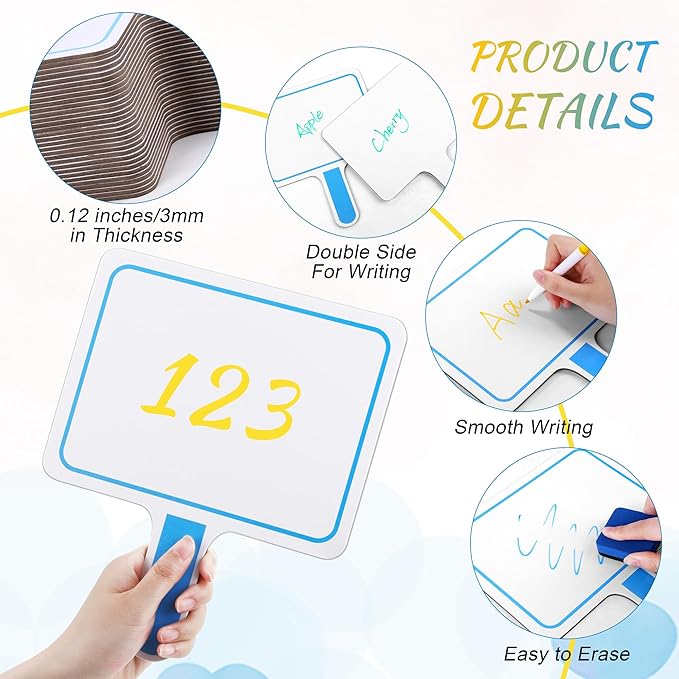 Aodaer 90 Pieces Dry Erase Answer Paddle Colorful Handheld 6 x 8 Inch Double Sided Dry Erase Paddles with 30 Dry Erase Eraser 30 Markers Mini Dry Erase Paddles for Classroom Voting & Answers Auction