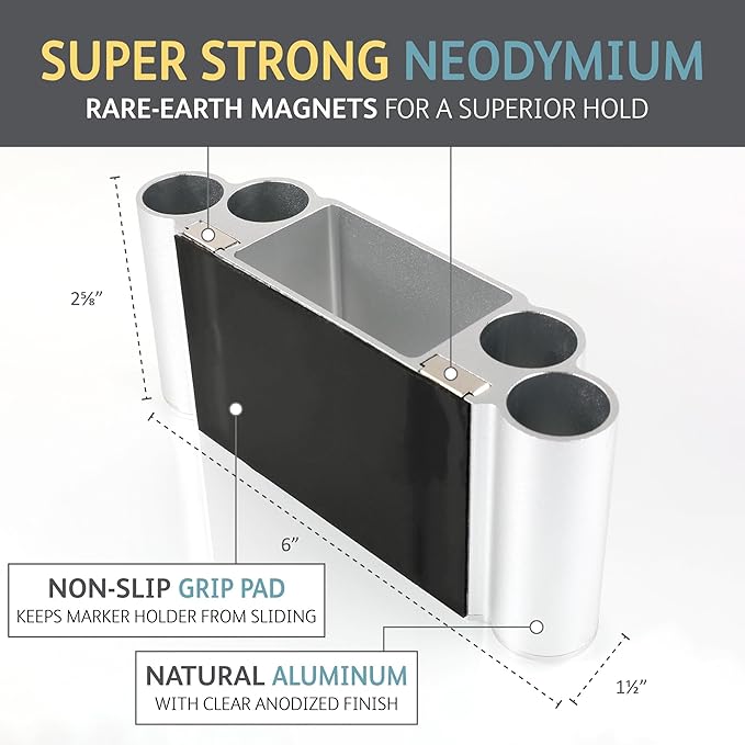 Glassboard Studio Magnetic Dry Erase Marker Holder - Super Strong for Magnetic Glass Whiteboard or Fridge - 2 Large Neodymium Magnets - No Slip Grip - Eco-Friendly PLA Plastic (Steel Gray)