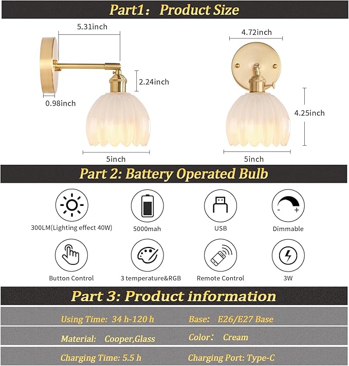 Vintage 5000 mAh Battery Operated Wall Sconce with Cream Tulip Glass Lampshade Rechargeable Battery Powered Wall Light with Remote Control for Bedroom Doorway, Set of 2