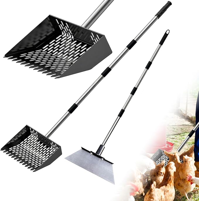 Chicken Poop Scooper for Sand with 22–62'' Adjustable Handle, Metal Chicken Coop Scoop with Rake-Style Teeth and Bonus Garden Flat Shovel for Coop Cleaning, Ice & Debris Removal
