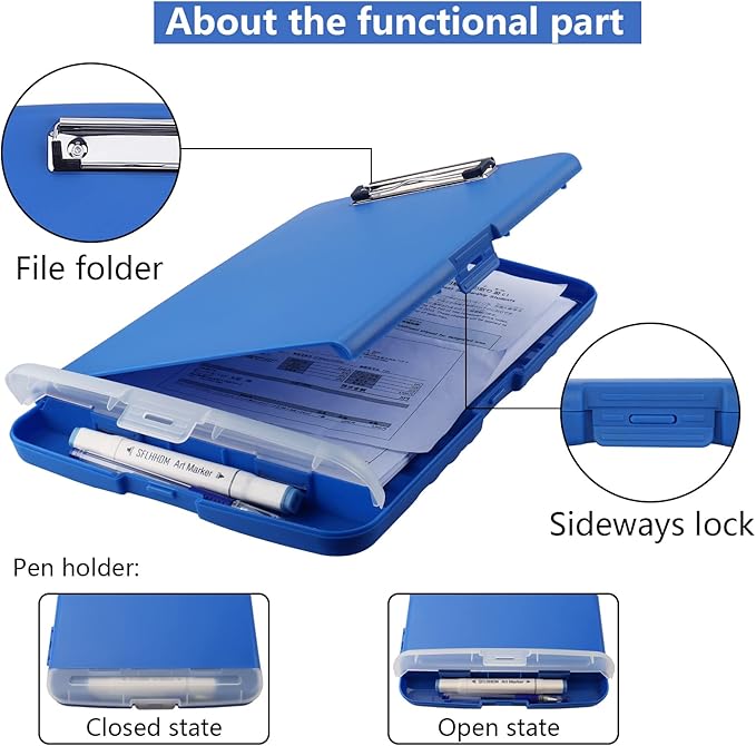 Clipboard with Storage, A4 Binder Clipboards with Pen Holder,Heavy Duty Plastic Storage Clipboards with Low Profile Clip,Nursing Clipboard Folder Side-Opening,Smooth Writing Clip Board for Office-Blue