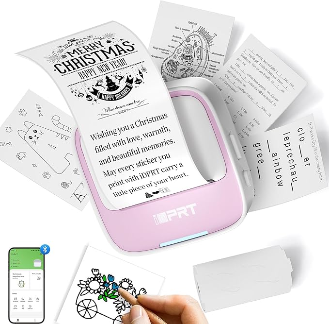 DPRT Mini Sticker Printer - S1 Portable Sticker Maker Machine with 1 Roll Sticker Paper, Bluetooth Print Pods Pocket Printer for Study Notes, Graphics, Students, Kids Gift, Free App, Pink