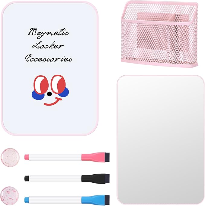 HAUTOCO Locker Accessories for Girls 8PCS Pink Locker Decoration Organizer Supplies with Magnetic Whiteboard, Magnetic Mirror, Pen Holder, Dry Erase Markers and Magnets, Back to School Essentials