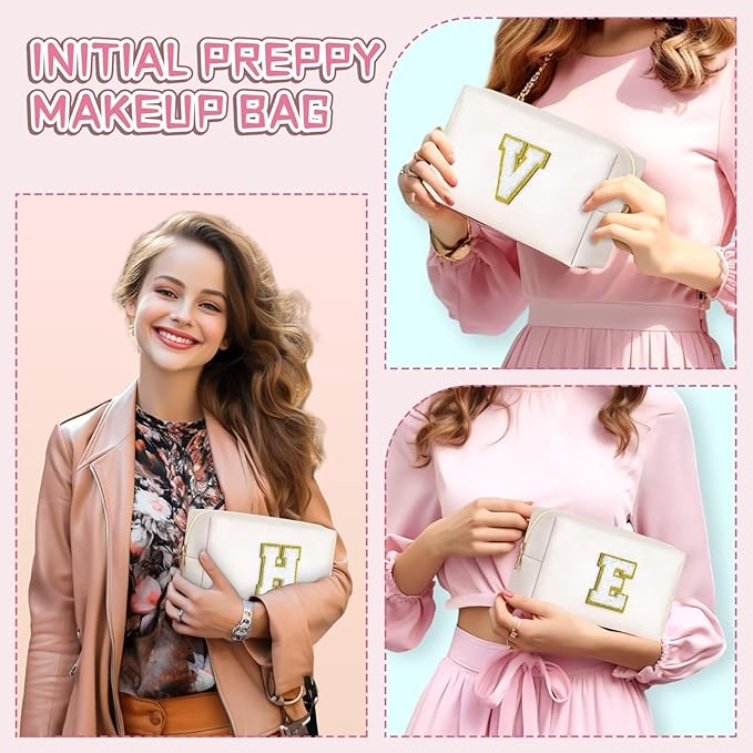 TOPEAST Initial Makeup Bags for Women, Cute Makeup Pouch, Waterproof Travel Toiletry Bag, Personalized Gifts for Girlfriend Wife on Valentine's Day Anniversary, Preppy Stuff Gift for Girl (Letter W)