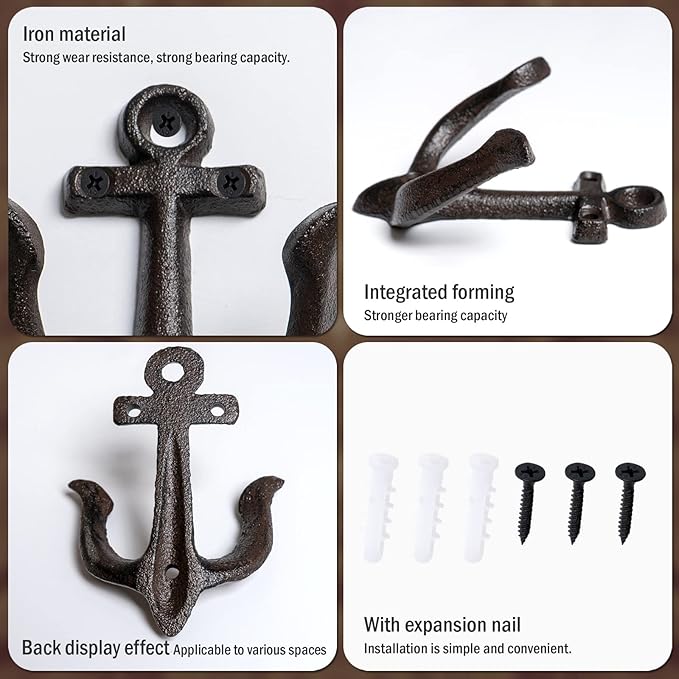 Notakia Decorative Wall Hooks Mounted Antique Shabby Chic Metal Cast Iron Nautical Anchor Design Hooks Hanger, Vintage Rustic Cast Iron Wall Hooks,Screws Included (Brown Anchor 4Pcs)