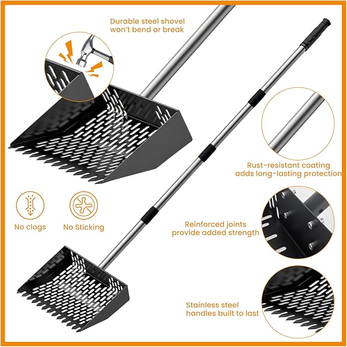 Chicken Poop Scooper for Sand with 22–62'' Adjustable Handle, Metal Chicken Coop Scoop with Rake-Style Teeth and Bonus Garden Flat Shovel for Coop Cleaning, Ice & Debris Removal